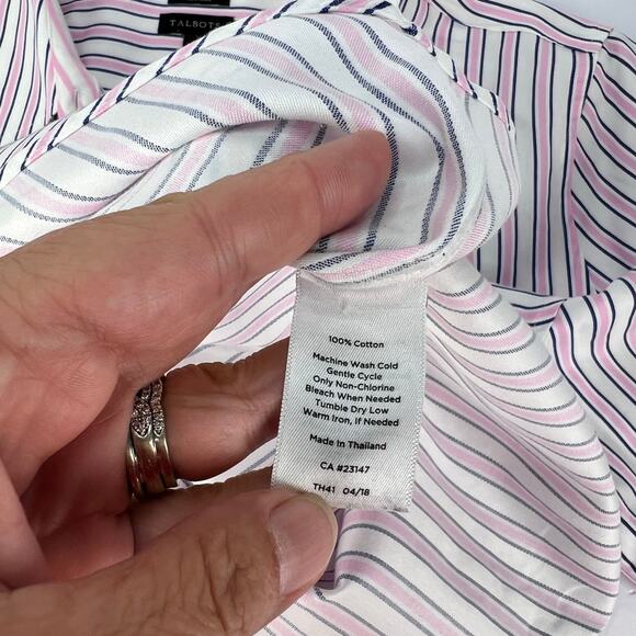 Talbots The Perfect Shirt 16 Women's PINK BLUE Stripe NON IRON Button Flip Cuff - Picture 8 of 10